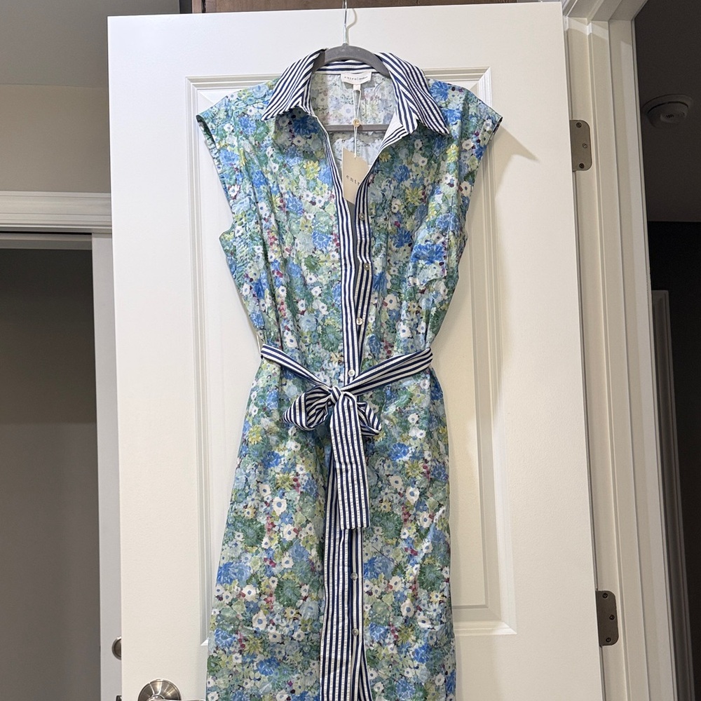 entro Blue and Green Floral Midi Dress with Striped Trim - Picture 5 of 5